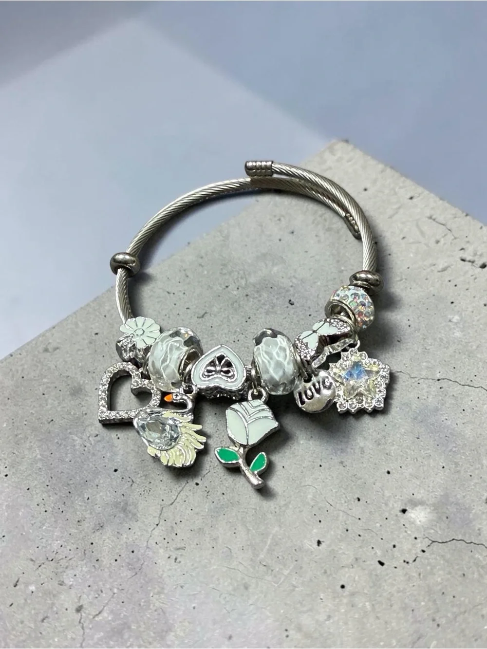Silver Charm Twisted Banglewith White and Green Accents - Women Jewelry